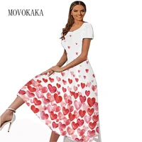 movokaka spring summer long dress women short sleeved square collar beach casual holiday heart print dress party dresses elegant