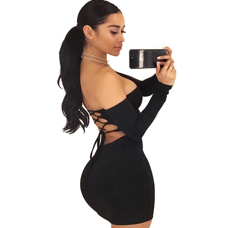 

Autumn Winter Long Sleeve Dress Women's Sexy Off Shoulder Black Backless Lace Up Club Bodycon Mini Dress