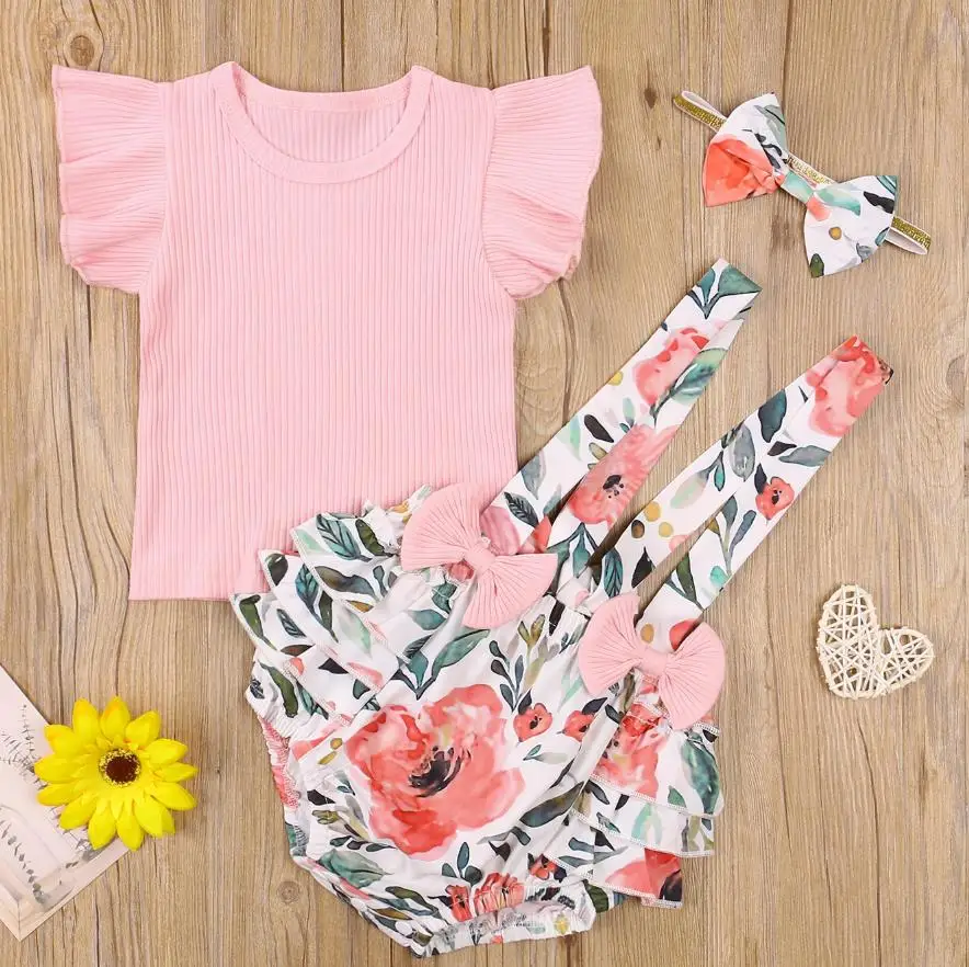 

Kids Summer Baby Fashion Clothing Set Three Piece Suit Sweet Solid Color Fly Sleeve T-shirt and Suspender Shorts with Headband