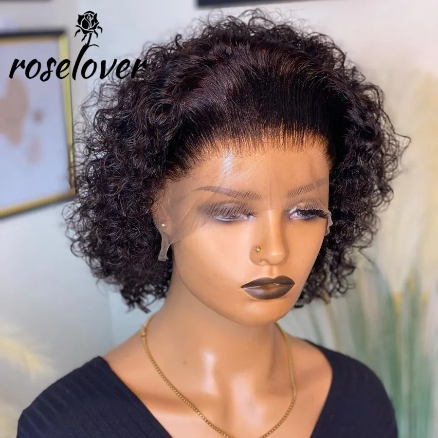 Roselover 250% Pixie Cut Short Curly Wig 4*4 Closure Lace Human Hair Wigs Brazilian Remy Human Hair Pre Plucked With Baby Hair