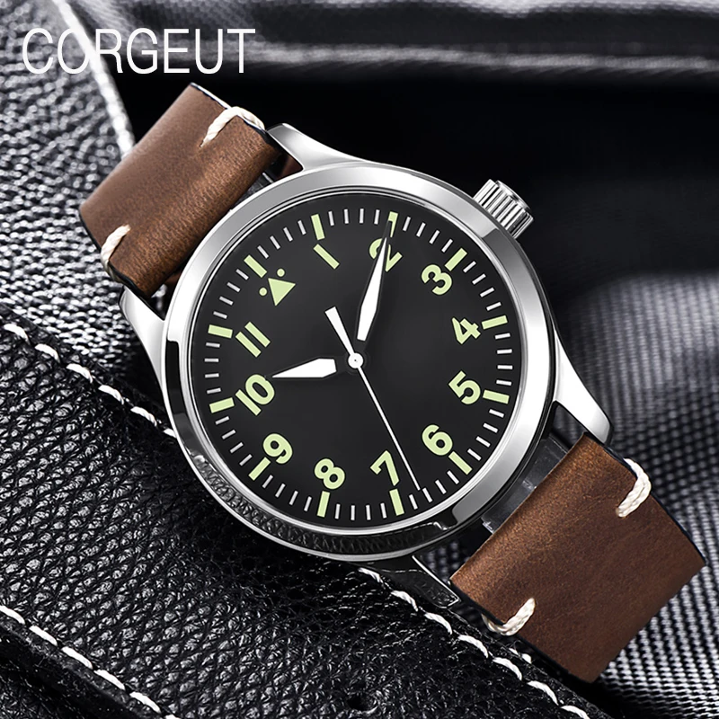 

CORGEUT Brand Seagull Movement Mens 42mm Leather Automatic Mechanical Sapphire Watch Men Black White Steel Clock Reloj de hombre