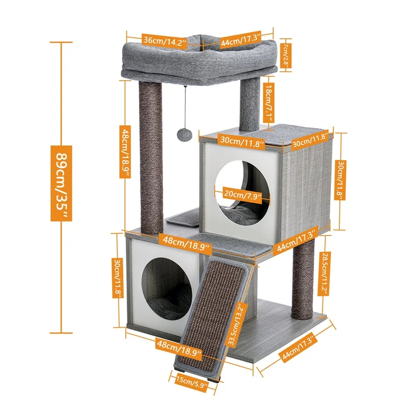 

35 inches Grey Luxury Cat Tree Tower Cats Play House With Scratching Post Kitten Climbing Frame Jumping Activity Furniture Toys