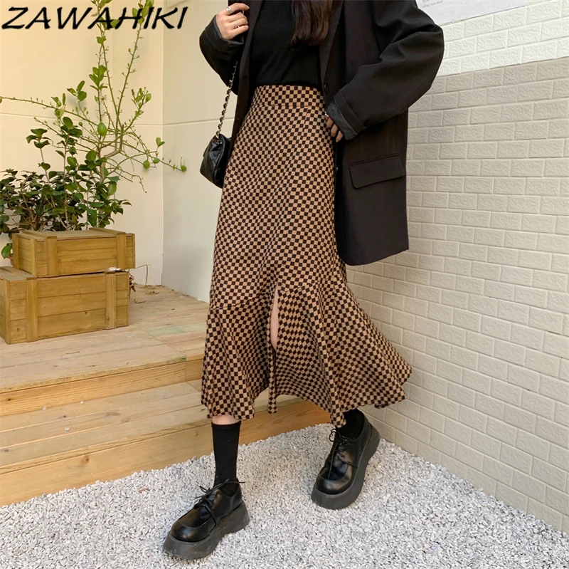 

ZAWAHIKI Plaid Skirt High Waist A Line Office Lady Fashion Women's Skirts Spring Autumn Ruffles Oversize Elegant Faldas Mujer