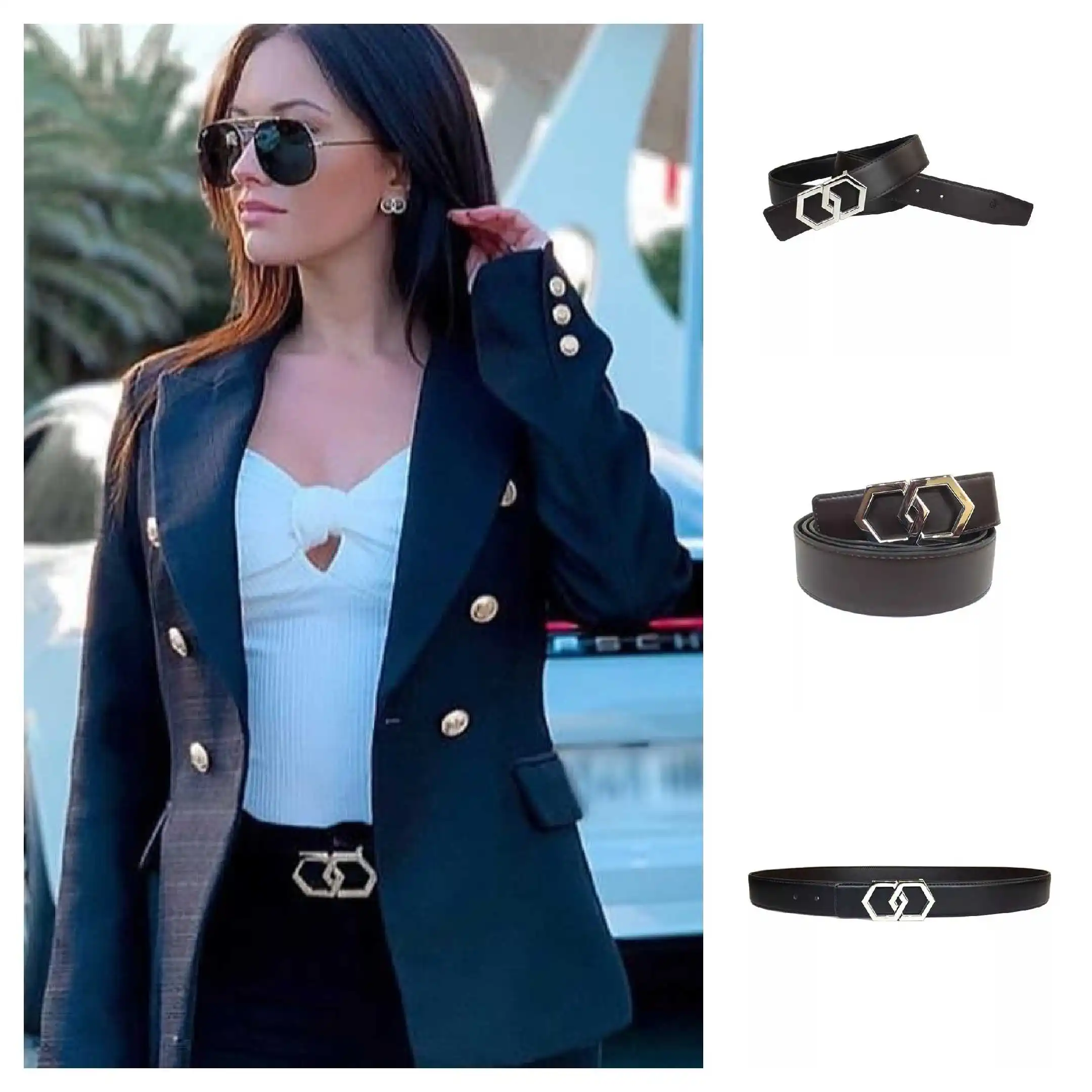 Ремень из натуральной кожи "Luxury Reversible Hexagon Belt", черный, стильный, элегантный, блестящая серебристая пряжка из нержавеющей стали, для повседневной носки с джинсами.