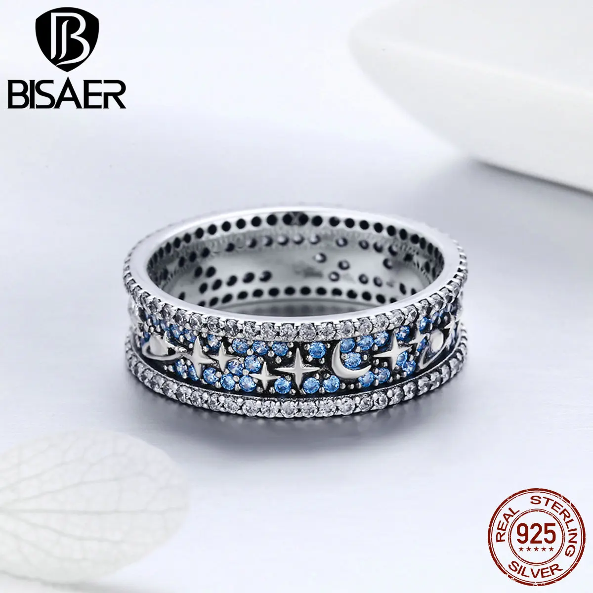 BISAER, новинка, популярные, подлинные, 925 пробы, серебряные, синие, CZ, Луна и звезда, штабелируемые, женские кольца на палец, дизайн, серебряная полоса GXR347