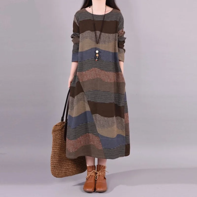 

Spring Stripe Dresses New Literary Temperament Round Neck Long Sleeve Casual Loose Plus Size Dress Women Thin Cotton Linen Dress