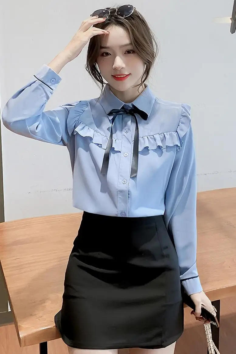 

Chikichi 2021 Spring New Fashion Lotus Leaf Stitching Bow Tie Chiffon Shirt Women Long Sleeve Women Shirts Blouses