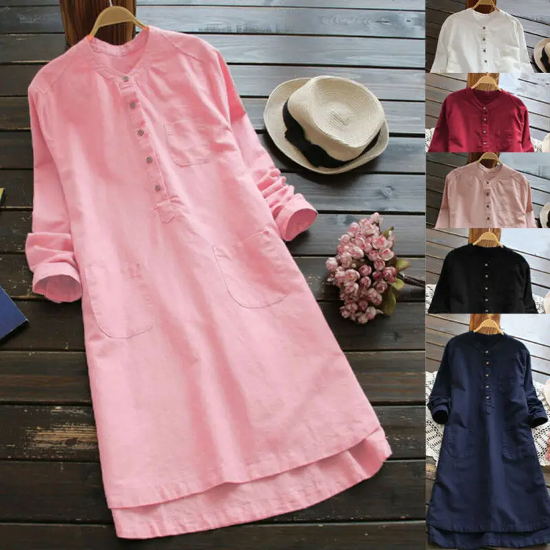 Плюс размер женское хлопковое свободное вечернее платье с длинными рукавами