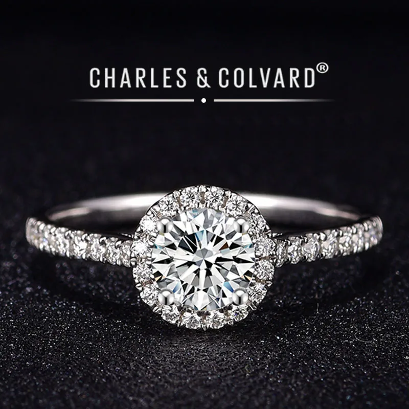 

Moissanite Engagement Rings For Women 18K White Gold Colorless VVS Hearts Arrows Charles Colvard Forever One