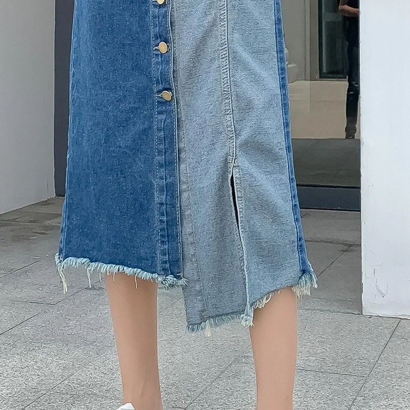 

Spring Summer Casual Jean Skirts Women Front Button Side Split Denim Midi Skirts High Waist Irregular Patchwork Long Blue Tassel