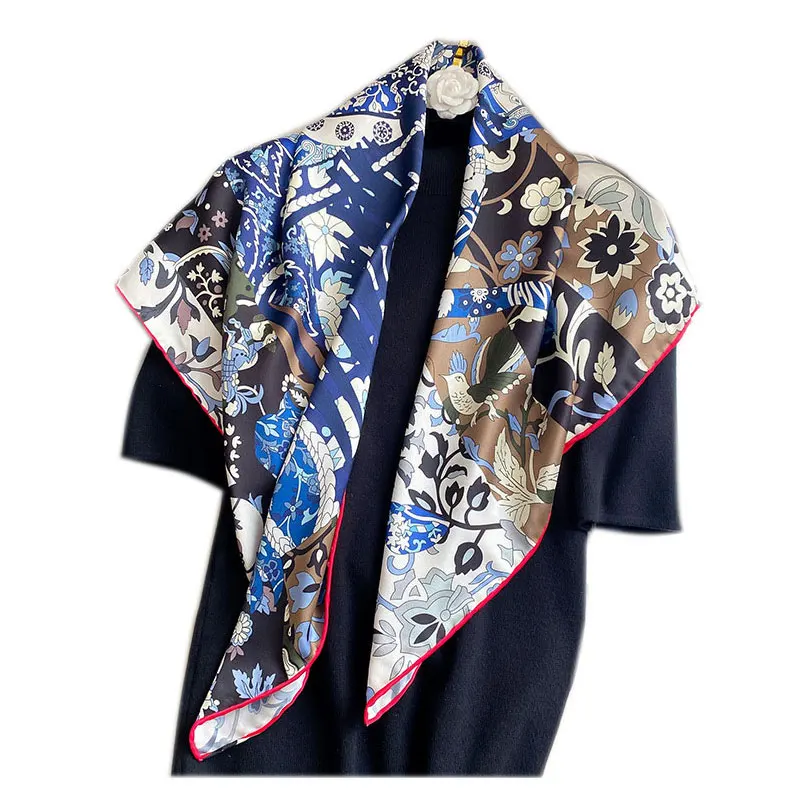 

2021 fashion Hand stitch twill silk square scarf woman Printing headscarf high quality Shawl Wraps Bandana Hijabs Scarves 90cm