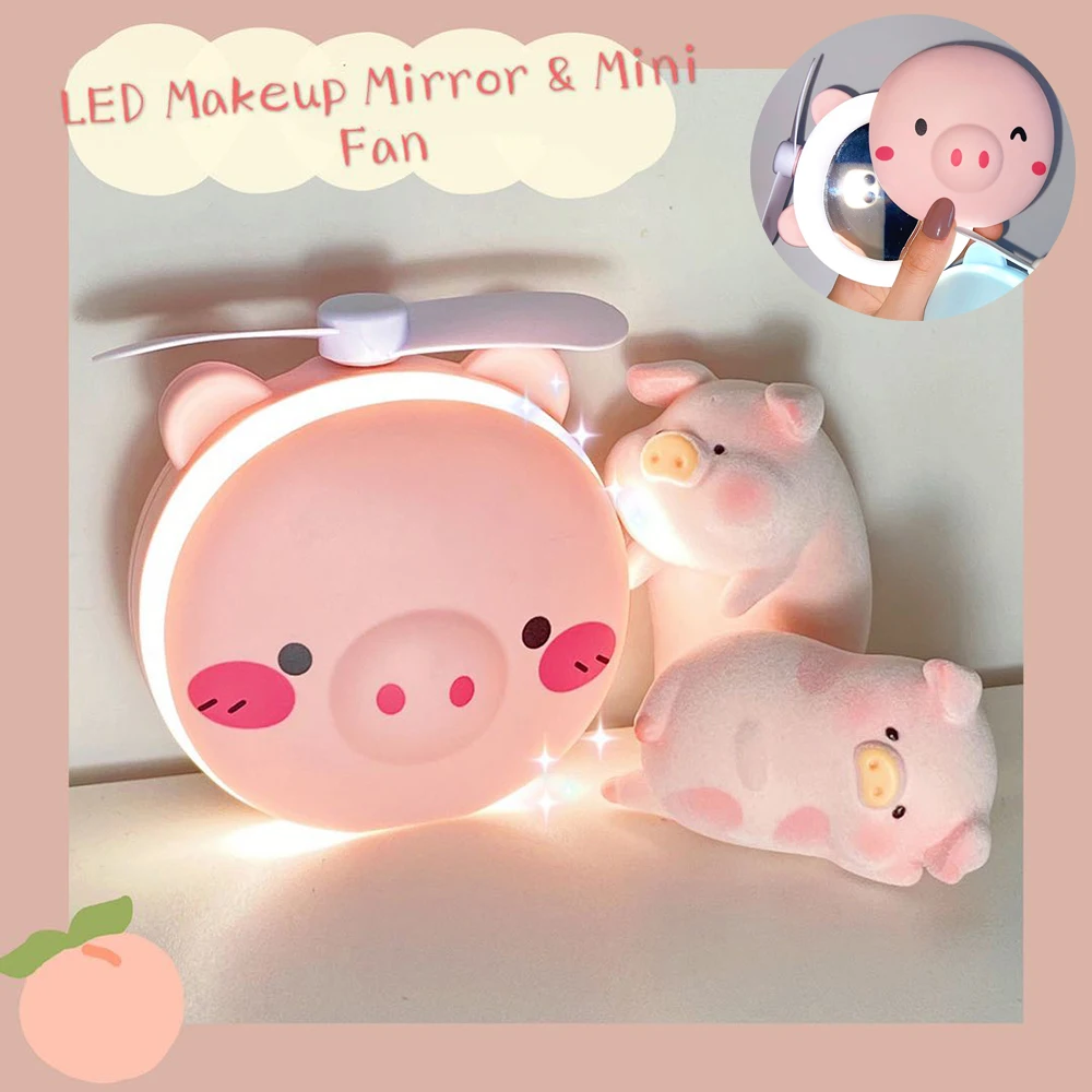 

2 in 1 LED Light Makeup Mirror Cute Folding Travel Portable USB Rechargeable cosmetics Mirror with Mini Air Cooler Handheld fan