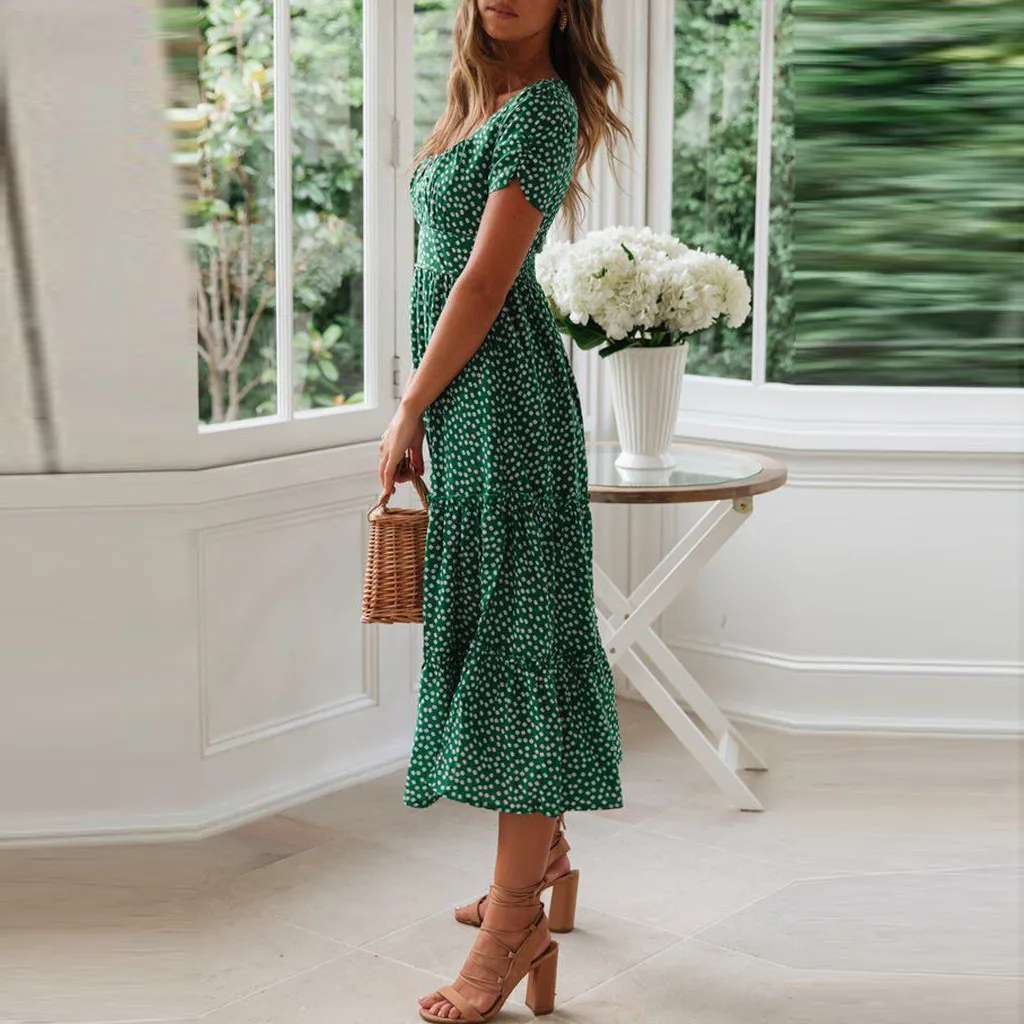 

Fashion Summer Long Dresses Sexy Little Daisy Print Puff Sleeve Square Neck Elegant Dresses For Women 2021
