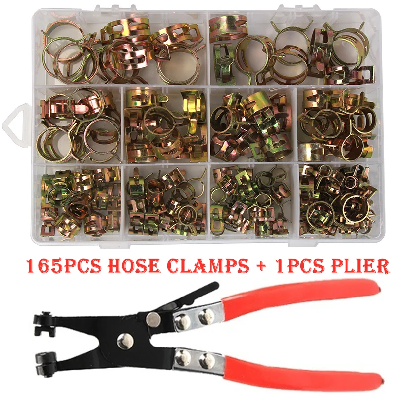 

165 PCS Zinc Plated 6-22mm Spring Hose Clamps + 1PC Straight Throat Tube Clamp for Band Clamp Metal Fastener Assortment Kit