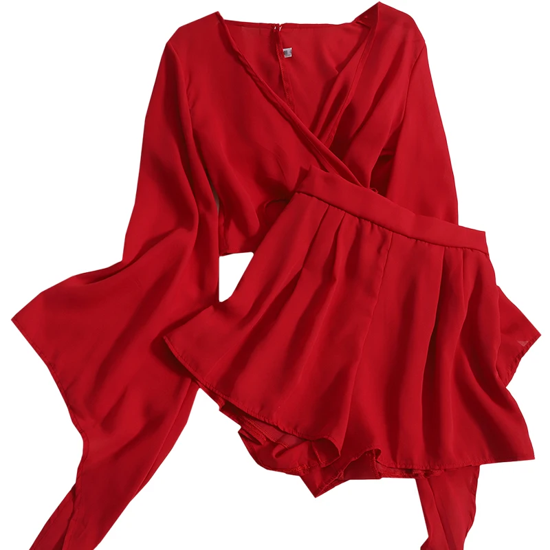 

Womens shorts sets 2021 autumn cross-tie V-neck short shirt top with high-waist wide-leg shorts fashion two-piece suit female