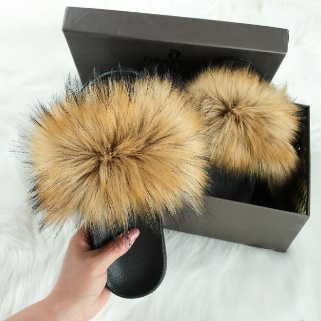 

New Fluffy Faux Fur Slides Women Fur Slippers Furry Raccoon Sandals Fake Fox Fur Flip Flops Home Fuzzy Woman Casual Plush Shoes