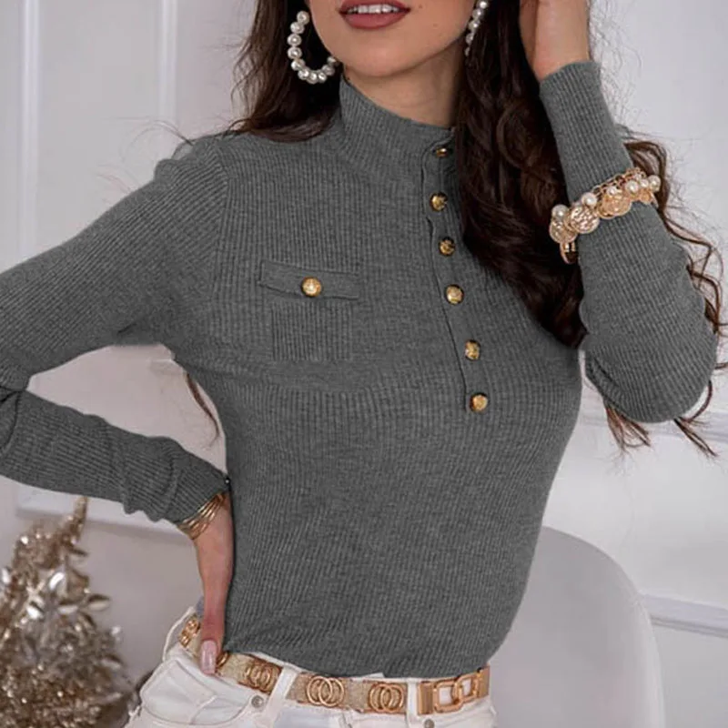 

Women Elegant Solid Long Sleeve Blouse Shirt 2021 Spring Casual Slim Rib Button Pullover Tops Ladies Autumn New Turtleneck Blusa