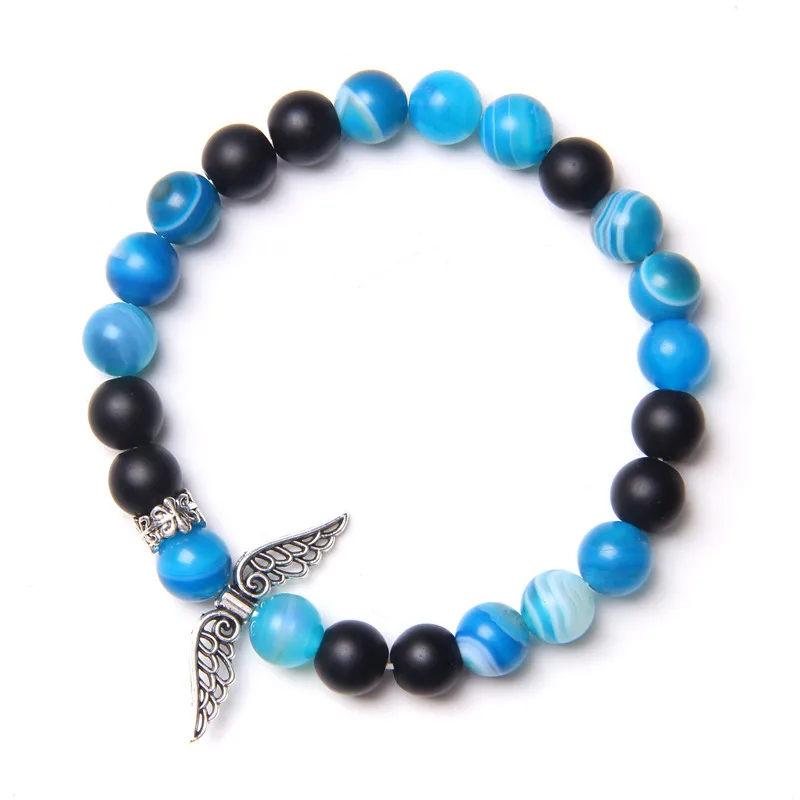

Natural green Blue agates ANGELITE stone beads bracelet silver color wing charm bracelet for couples women men dropshipping gift