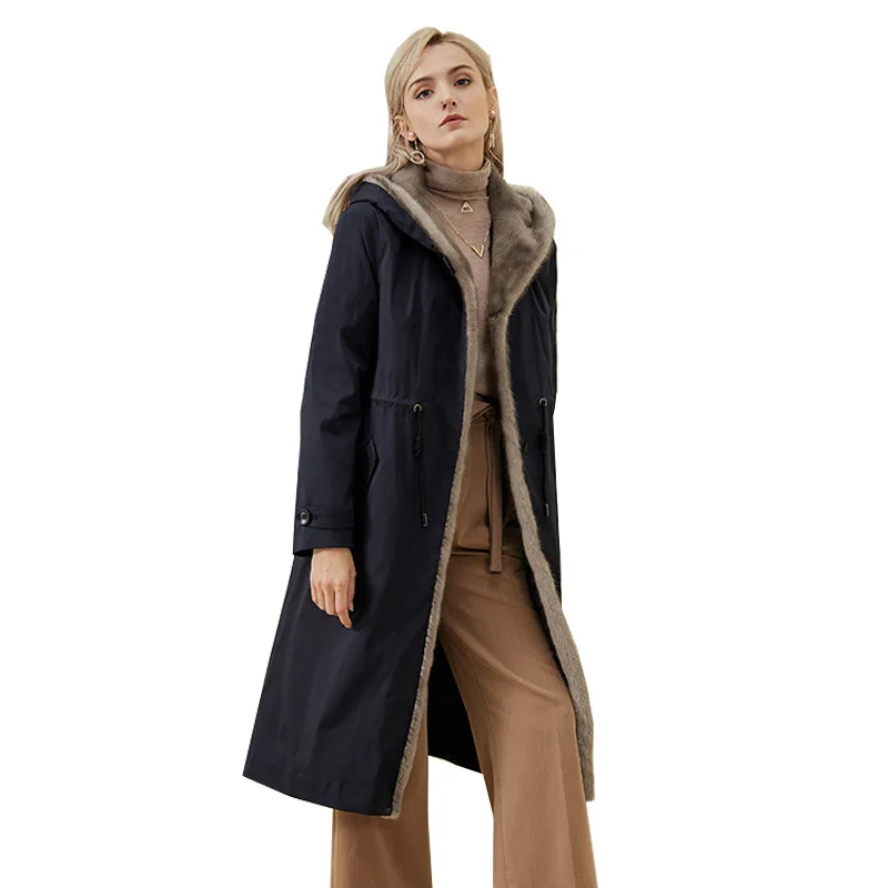 Super Mink Hooded Real Fur Coat Women Long Windproof Warm Rex Rabbit Fur Liner Detachable Knee-length Wool Black Overcoat Parkas