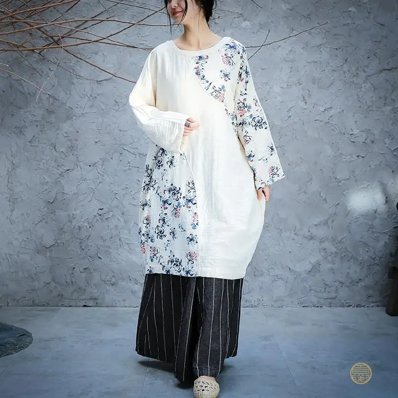 Johnature Autumn Retro Fashion Patchwork Floral Print O-neck Plus Size Dresses New Cotton Linen Long Sleeve Women Dress - Цвет: Белый