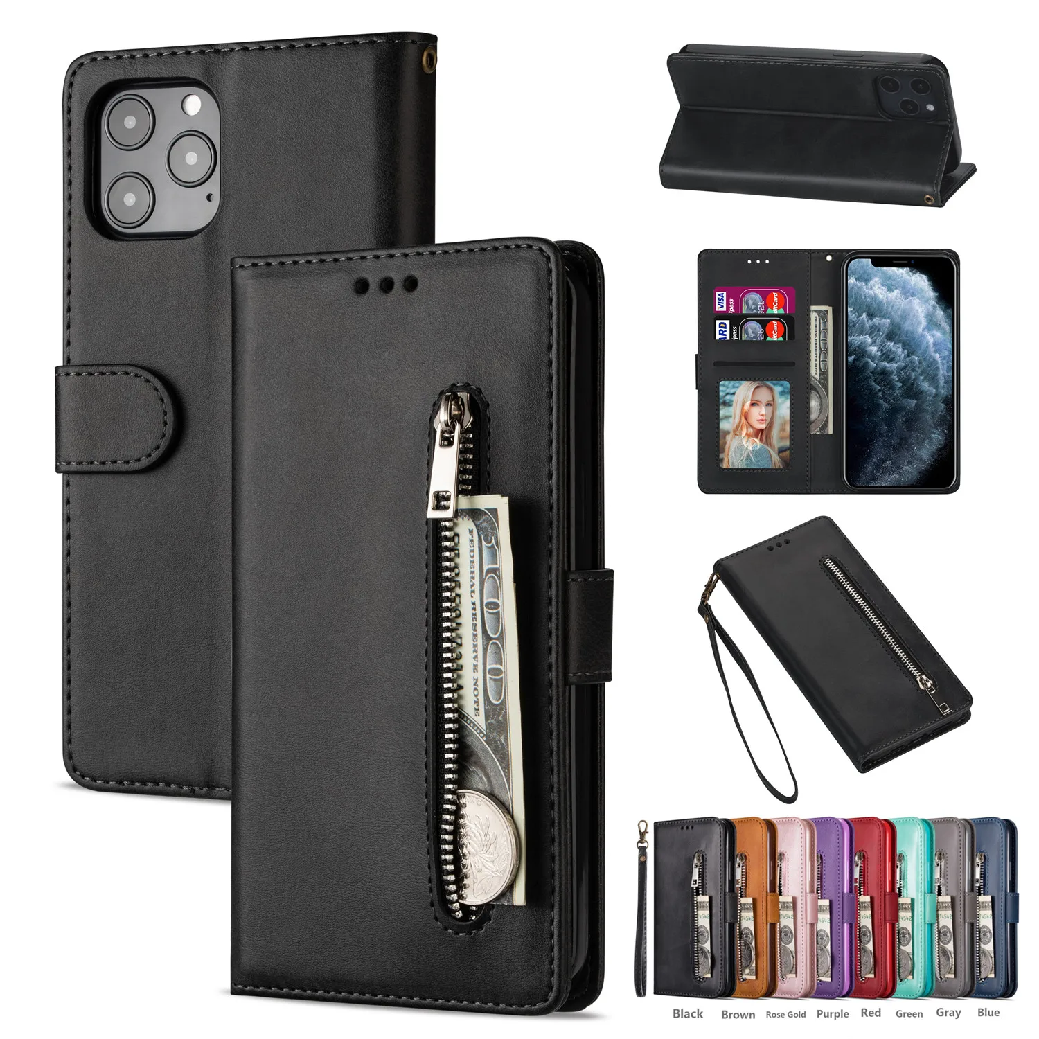 

Zipper Wallet Leather Case for iPhone 13 12 Mini 11 Pro Max XR XS SE 2020 6 7 8 Flip Cover Card Pocket Kickstand Lanyard Coque