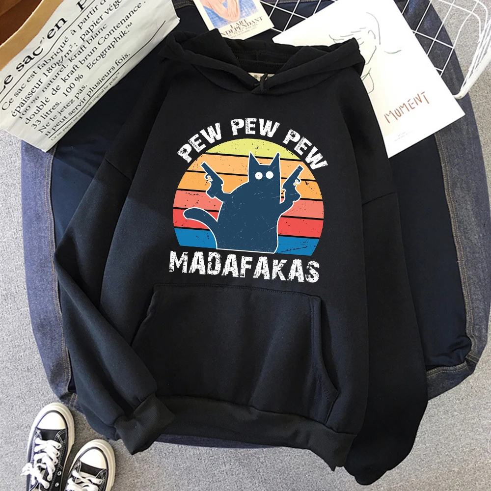 

Double Gun Cat Pew Pew Madafakas Male Pullovers Loose Warm Sweatshirt Retro Street Hoodies For Men Comfortable Tracksuit For Man