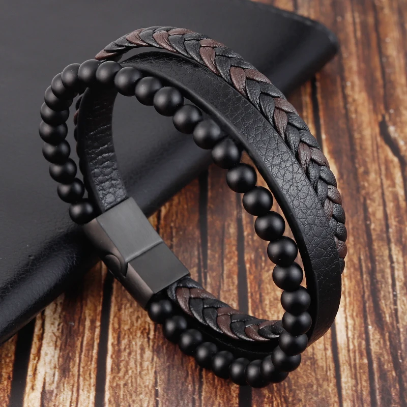 

Charm Rope Stainless Steel Magnetic Natural Stone Leather Man Bracelet Beaded Braclet Volcanic Stone bracelet bangles Chain Gift