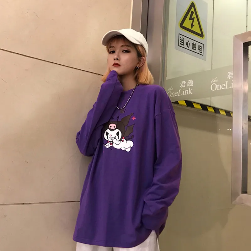 Корейская футболка с круглым вырезом и длинным рукавом, женские Топы Harajuku, уличная одежда, фиолетовая футболка с принтом дьявола, повседневные свободные осенние женские футболки, топы