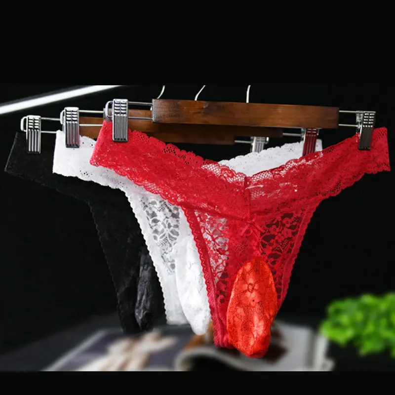 

Sexy Men Lace Convex Pouch G-string COCK Ring Sexy Thong Hollow Out Sheer Underwear Low waist T-back Gay Wear Plus Size Male F10