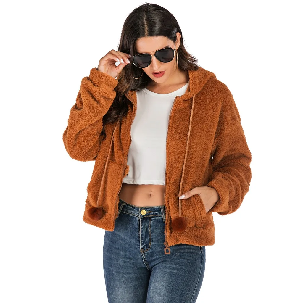 Женское пальто из искусственного меха с капюшоном Осень-зима 2019 теплая мягкая