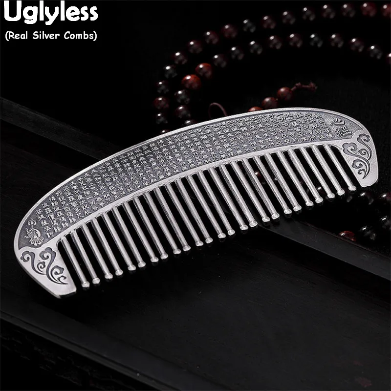 

Uglyless Real 999 Silver Buddhist Gifts Jewelry for Women Carved Heart Sutra Hair Combs Health Care Hair Jewelry Buddha Bless U