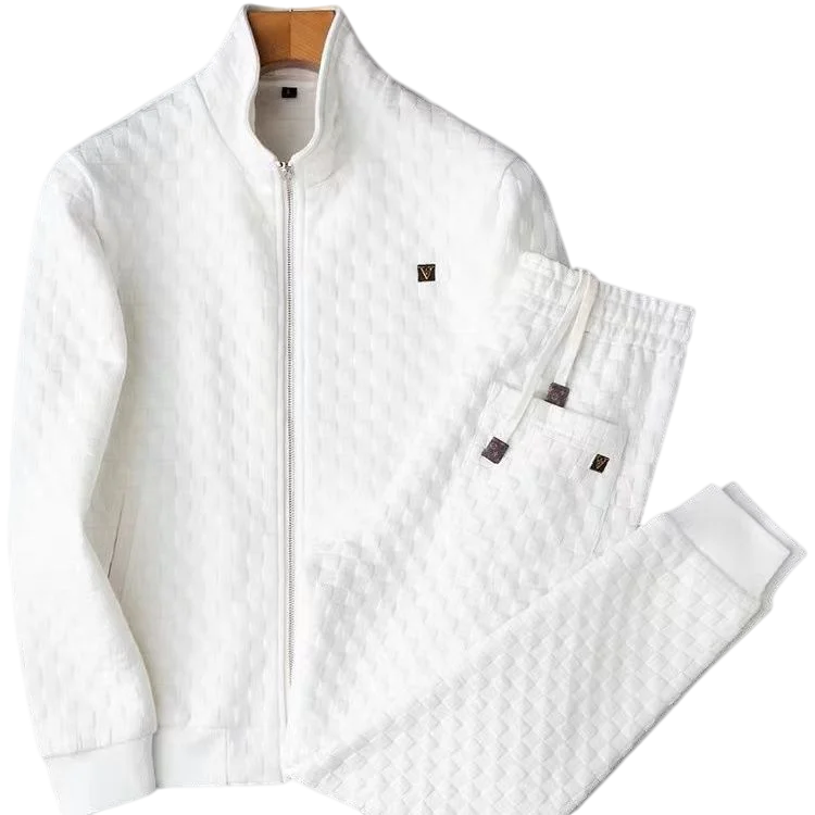 

New Luxury Collar White Leisure Sports Suit Men's Slim Spring and Autumn Knitted Fitness Two-piece Fashion