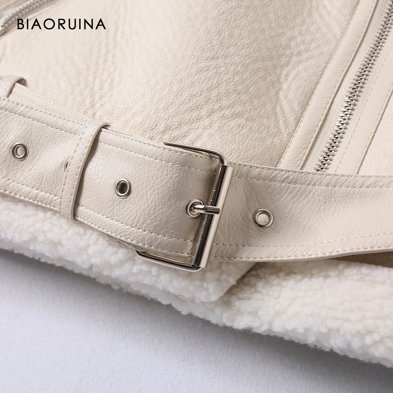 BIAORUINA Women's Moto&ampBiker Style PU Patchwork Fleece Thick Keep Warm Vest with Belt Female Autumn Winter Fashion Coat | Женская