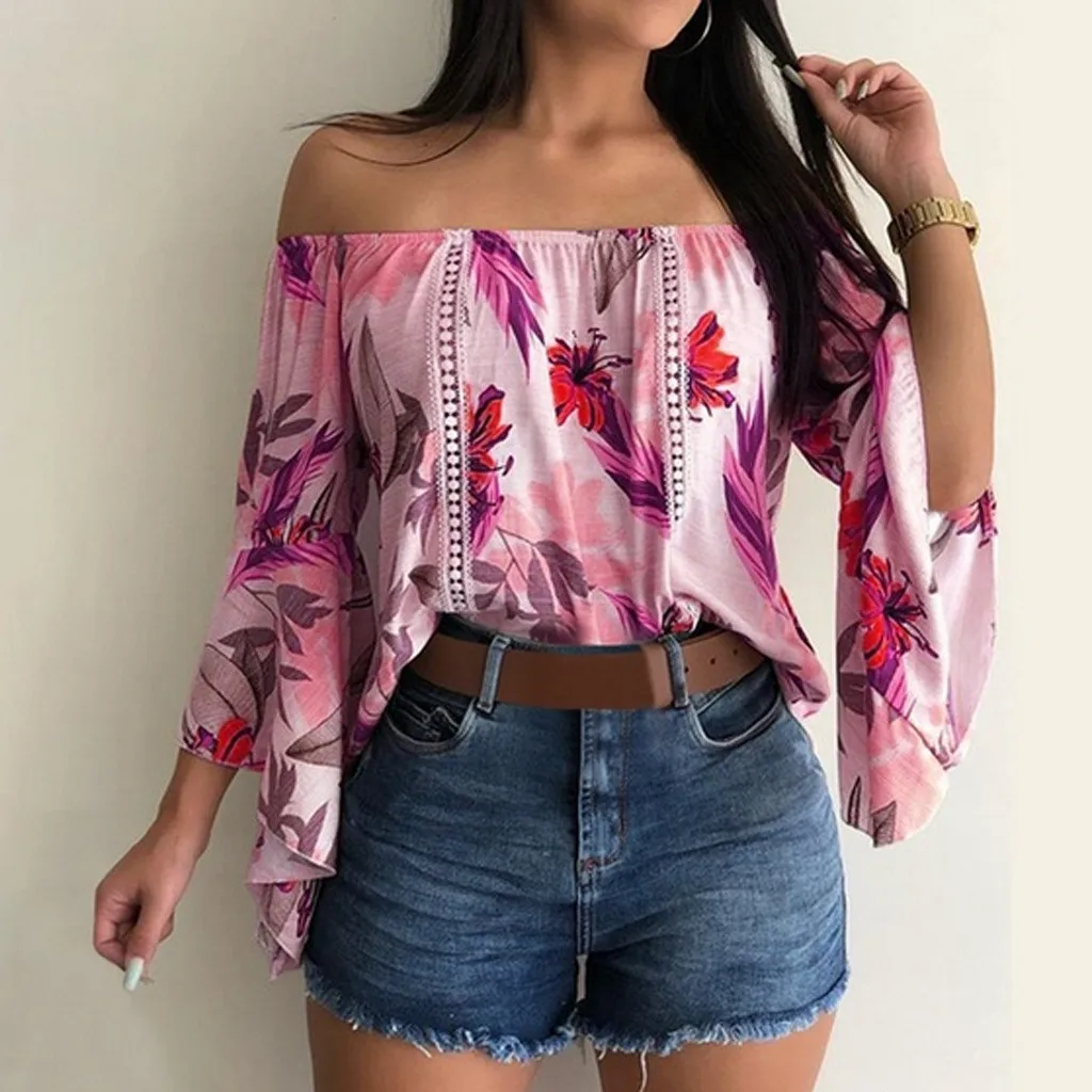

2021 Summer New Style Sexy Strapless One-neck Chiffon Blouse Female Printed Trumpet Sleeve Bohemian Beach Style Shirt