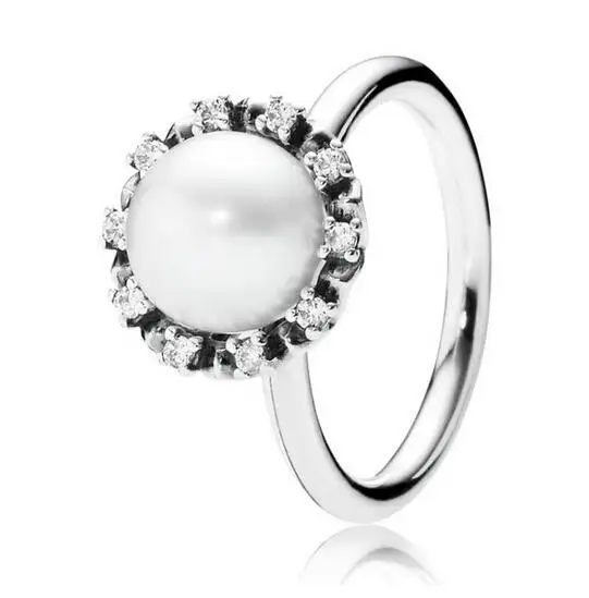

Authentic 925 Sterling Silver pan Ring Everlasting Grace Pearl With Crystal Rings For Women Wedding Gift Fine Jewelry