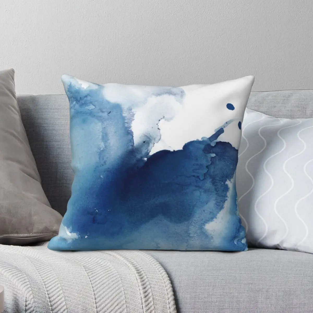 Чехол для подушки цвета индиго синий морской абстрактный чернильный квадратный