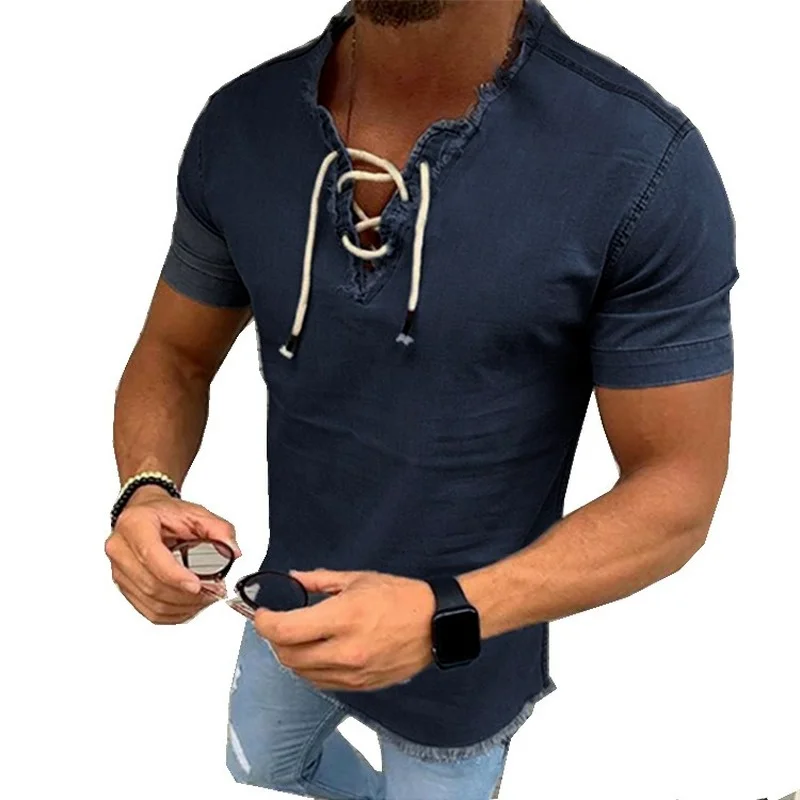 

Mandylandy Summer Casual Viking Denim Men Shirt Cotton Linen V-neck Lace-up Vintage Medieval Loose Comfortable T-Shirt Men Tops