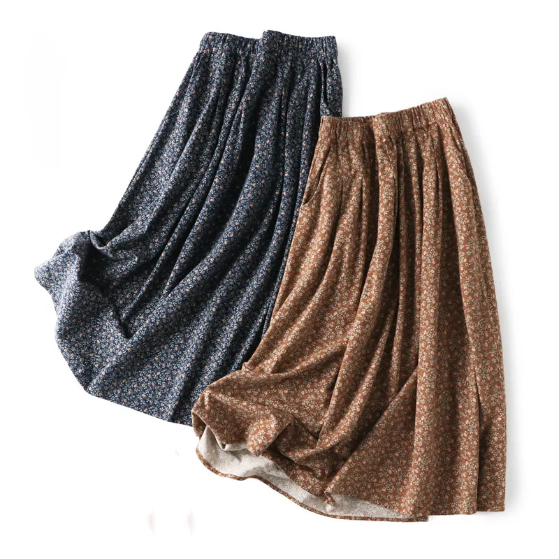 

Literary romantic rustic little flowers print cotton thick skirt mori girl 2020 autumn