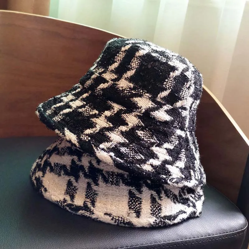 Женская клетчатая твидовая Панама с Мини блестками для девушек Черная кепка