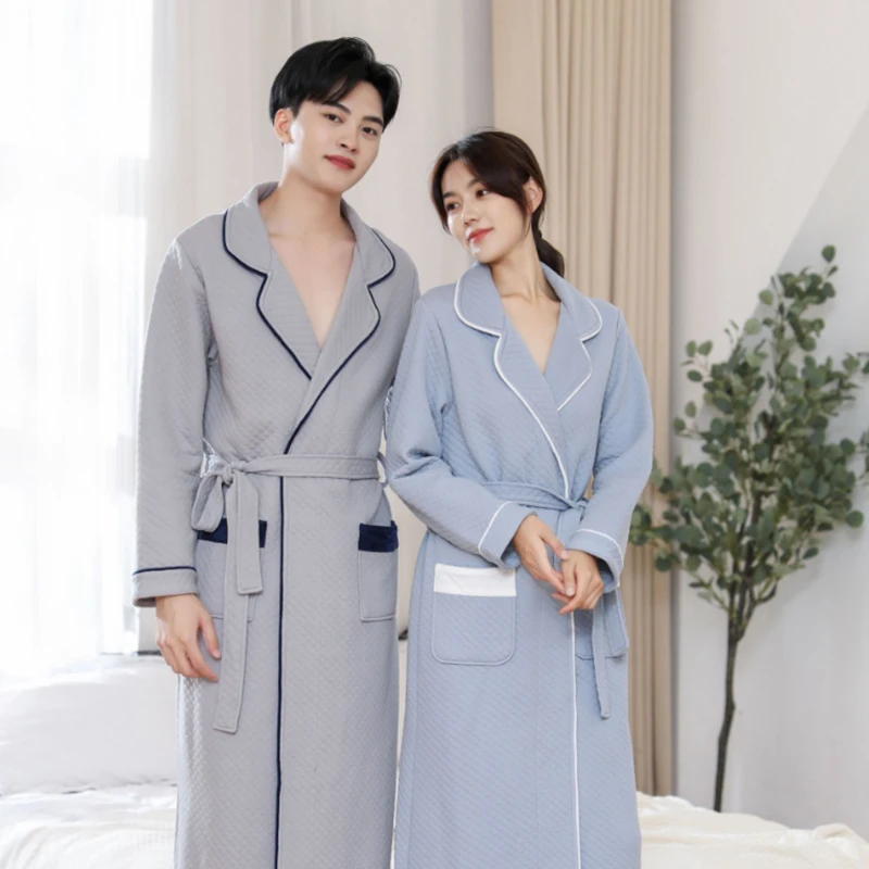 

100% Cotton Bathrobe Four Seasons Cotton Air Layer Warm Couple Nightgown Absorbent Nightie Unisex Negligee Super Long