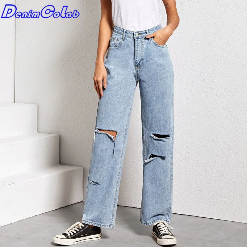 

Модные прямые брюки с дырками DenimColab 2021, джинсы, женские свободные джинсы-бойфренды, хлопковые повседневные брюки, джинсы для мам, джинсовые ...