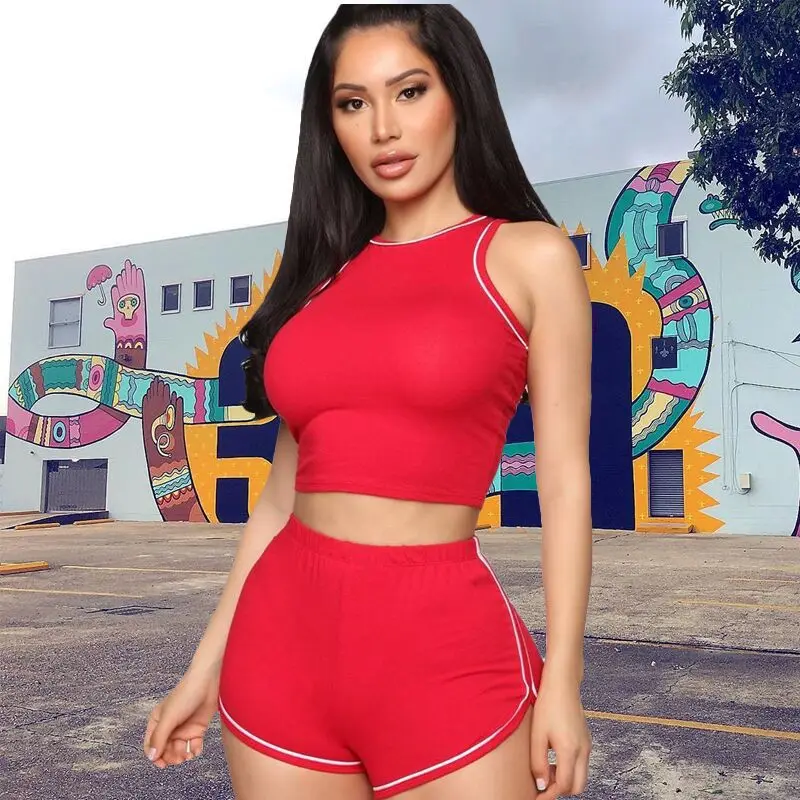 

Summer fashion casual sports women's clothing sleeveless round neck, solid color, tight shorts suit