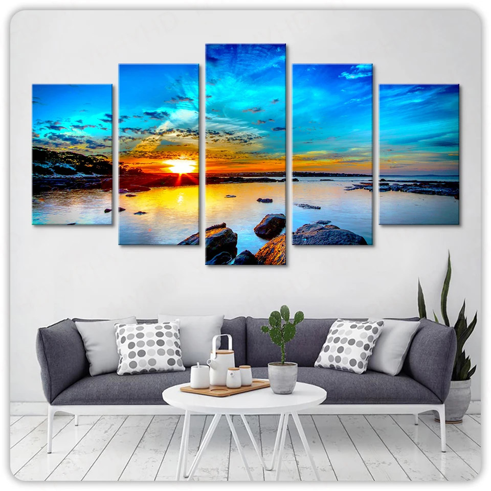 

Home Decor 5 Pieces Canvas Prints Paintings Blue Sky Seaside Reef Pictures Sunset Seascape Room Poster Wall Art Framework