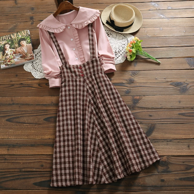 

Mori Girl Spring Autumn Women 2 Pieces Set Peter Pan Collar Pink Blouse Suspenders Plaid Sundress Elegant Preppy Kwaii Outfits