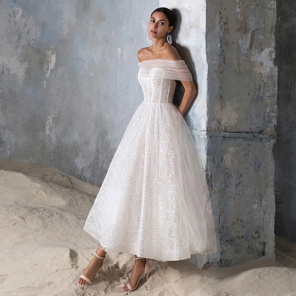 

Sweetheart Off-The-Shoulder A-Line White Wedding Dresses for Ladies Sequined Sleeveless Pleat Ankle-Length Bridal Gowns Summer