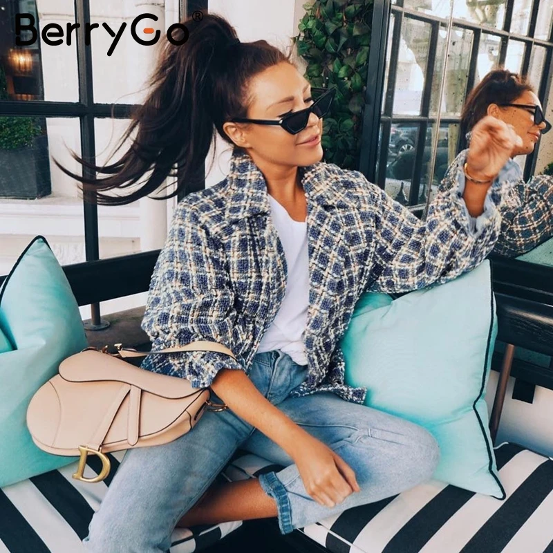 BerryGo Повседневный твидовый в клетку жакет Женское пальто свободный фонарь рукав кардиган-пончо Эластичная Высокая талия верхняя одежда женская куртка