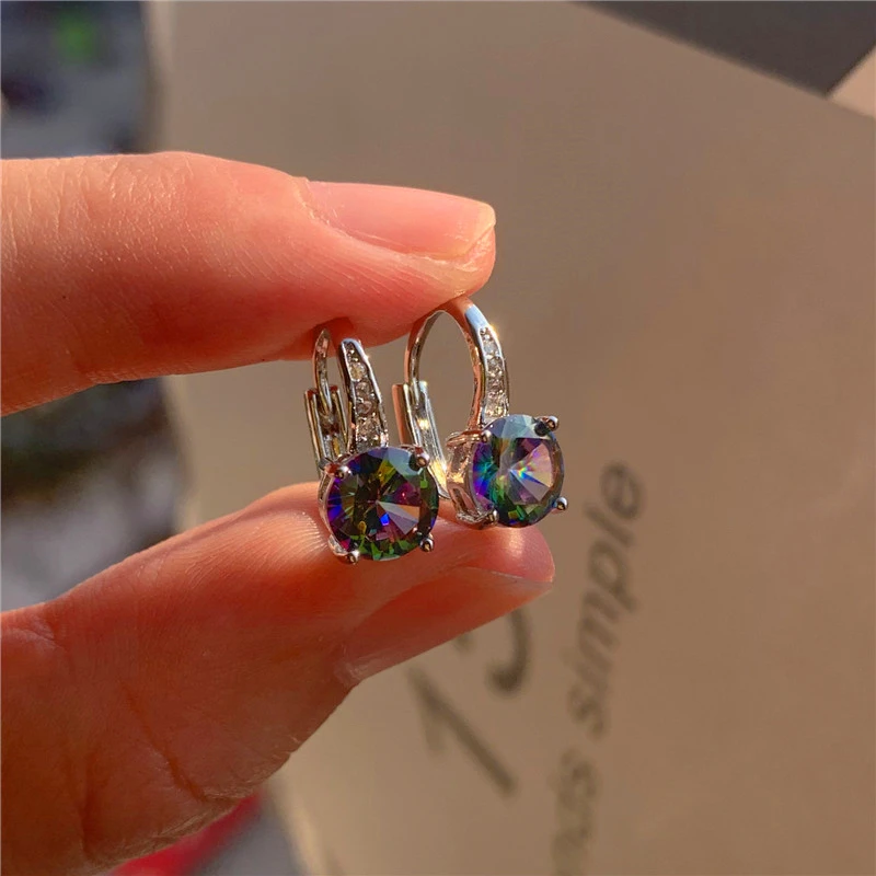 

Charm Female Crystal Rainbow Stone Earrings Rose Gold Silver Color Clip Earrings For Women Small Round Zircon Wedding Earring