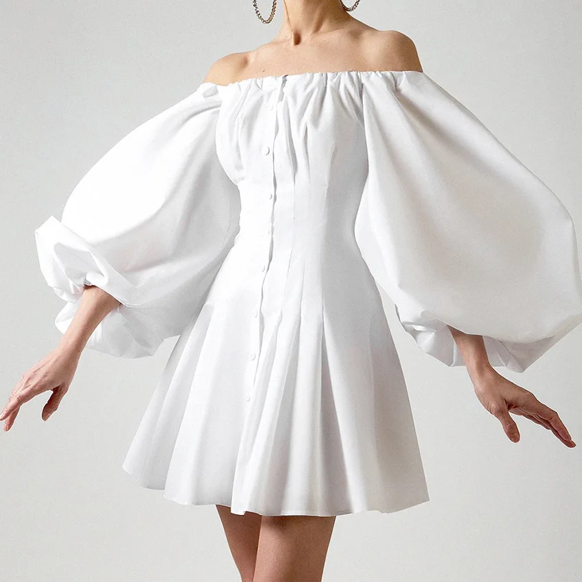 

Puff Sleeve One Shoulder Dress French Slim Solid Color Dress 2021 Spring New Women Party Dress Vestido Feminino
