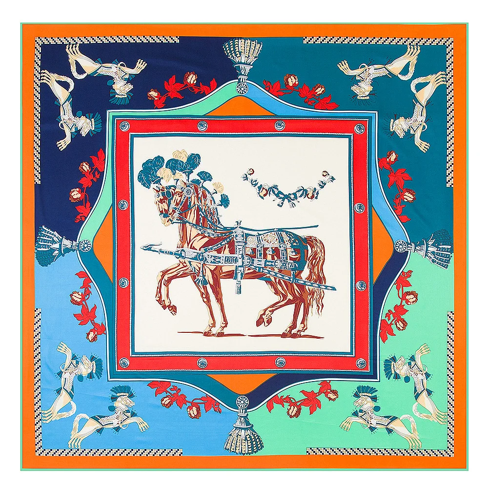 

130*130CM Twill Silk Scarf Women Large Size Shawls Stoles Horse Carriage Print Square Scarves Poncho Foulard Female Wrap Bandana