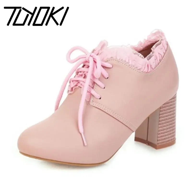 

Tuyoki Women Spring Pumps Shoes Sweet Lace Cross Strap Shoes Women Fashion Round Toe Thick High Heels Footwear Size 32-46